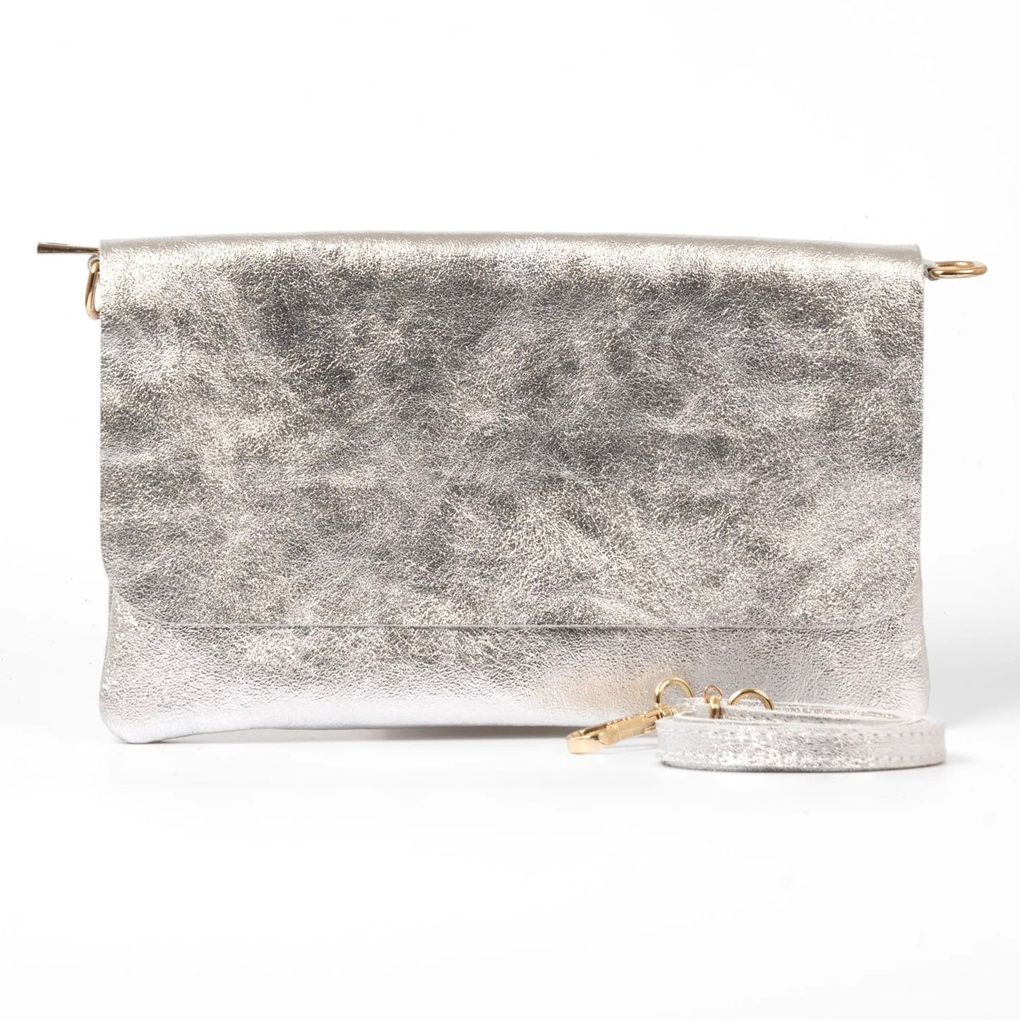 Leather Clutch Bag With Strap | Metallic Silver