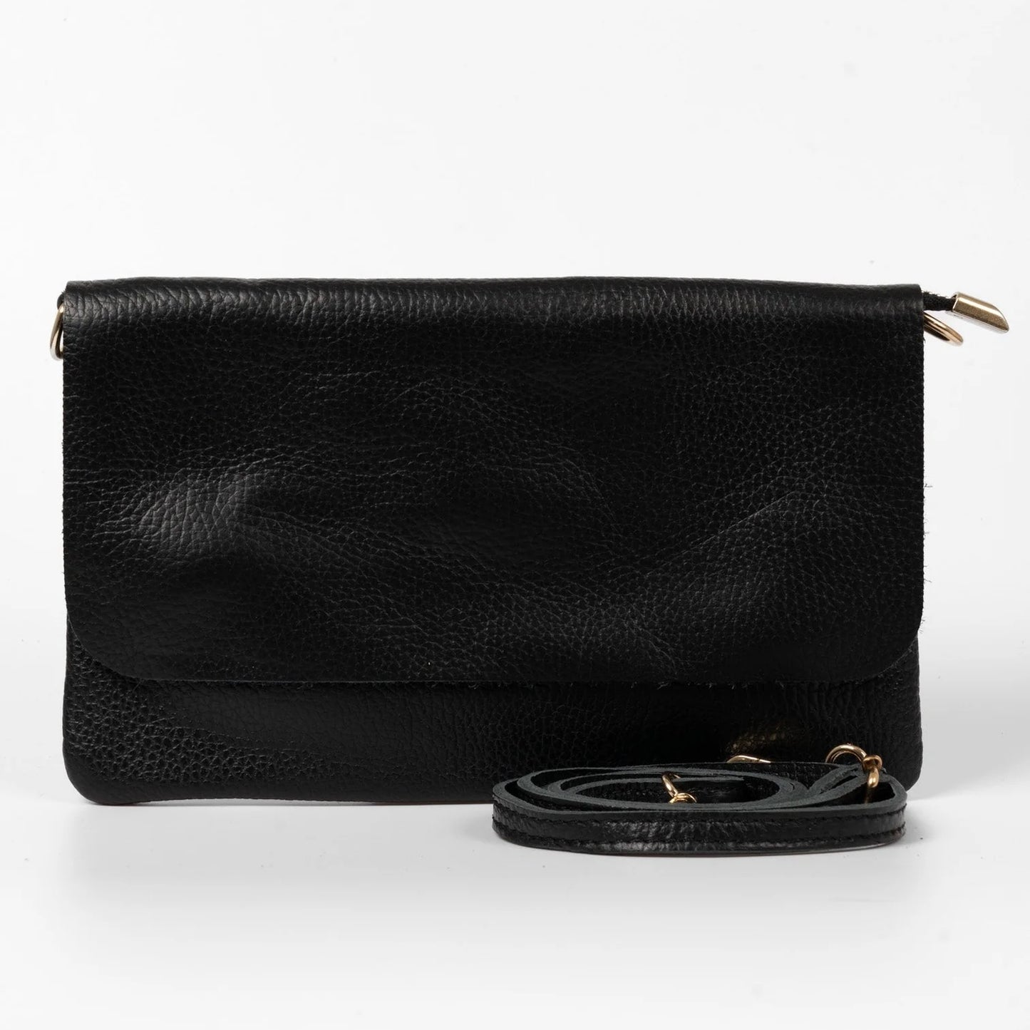 Leather Clutch Bag With Strap | Black Pebbled