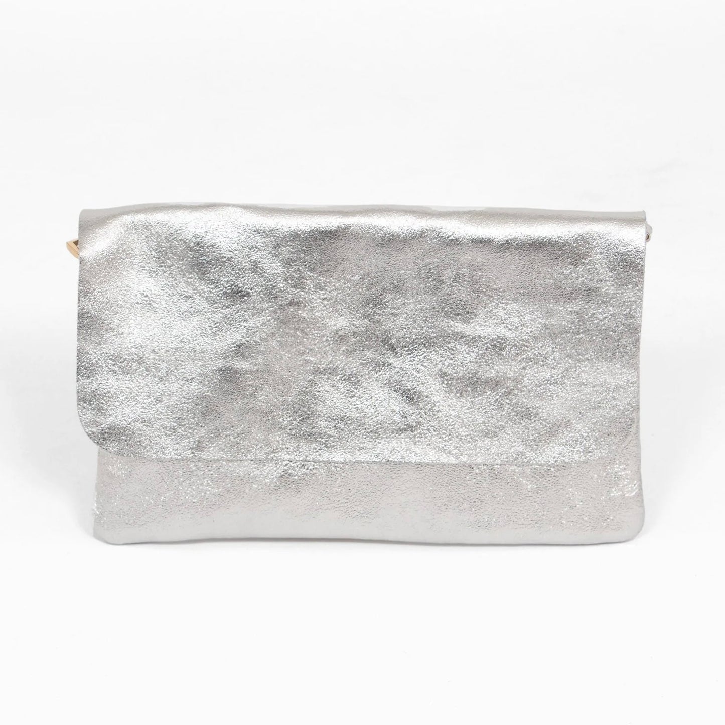 Leather Clutch Bag With Strap | Metallic Silver
