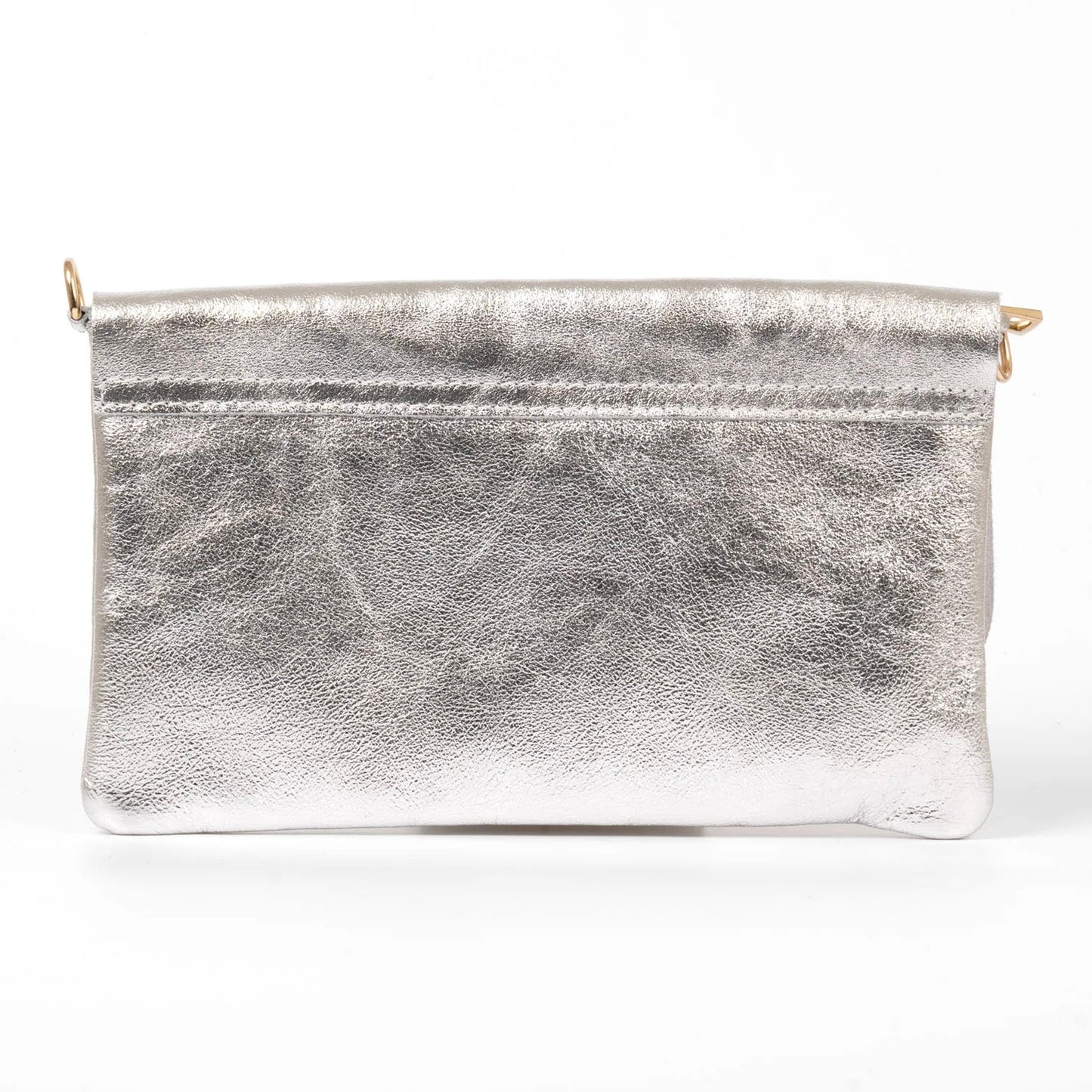 Leather Clutch Bag With Strap | Metallic Silver