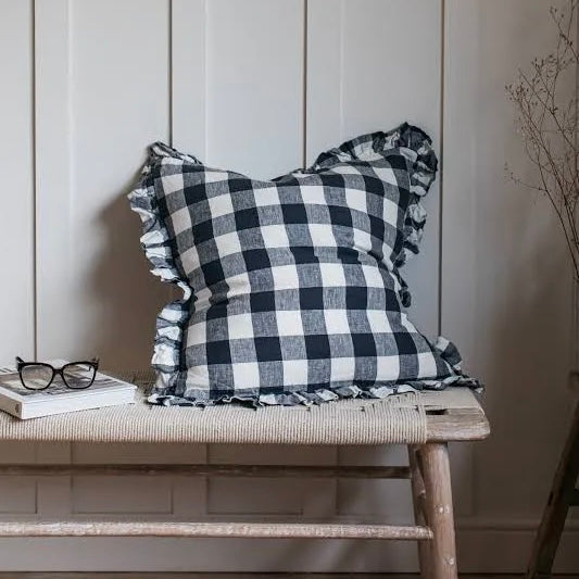 Olivia Ruffle Cushion | Blue Gingham