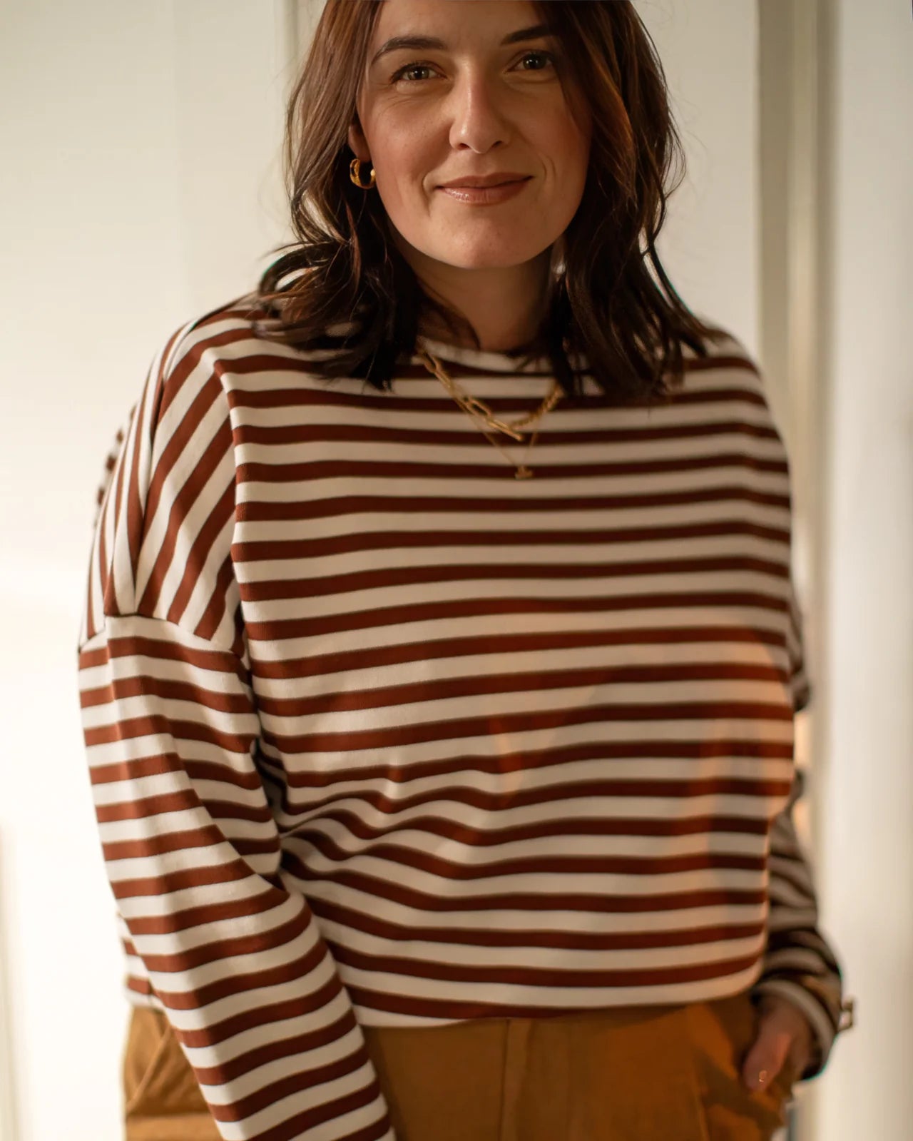 Chalk Rebecca Stripe Top | Tobacco/Ecru