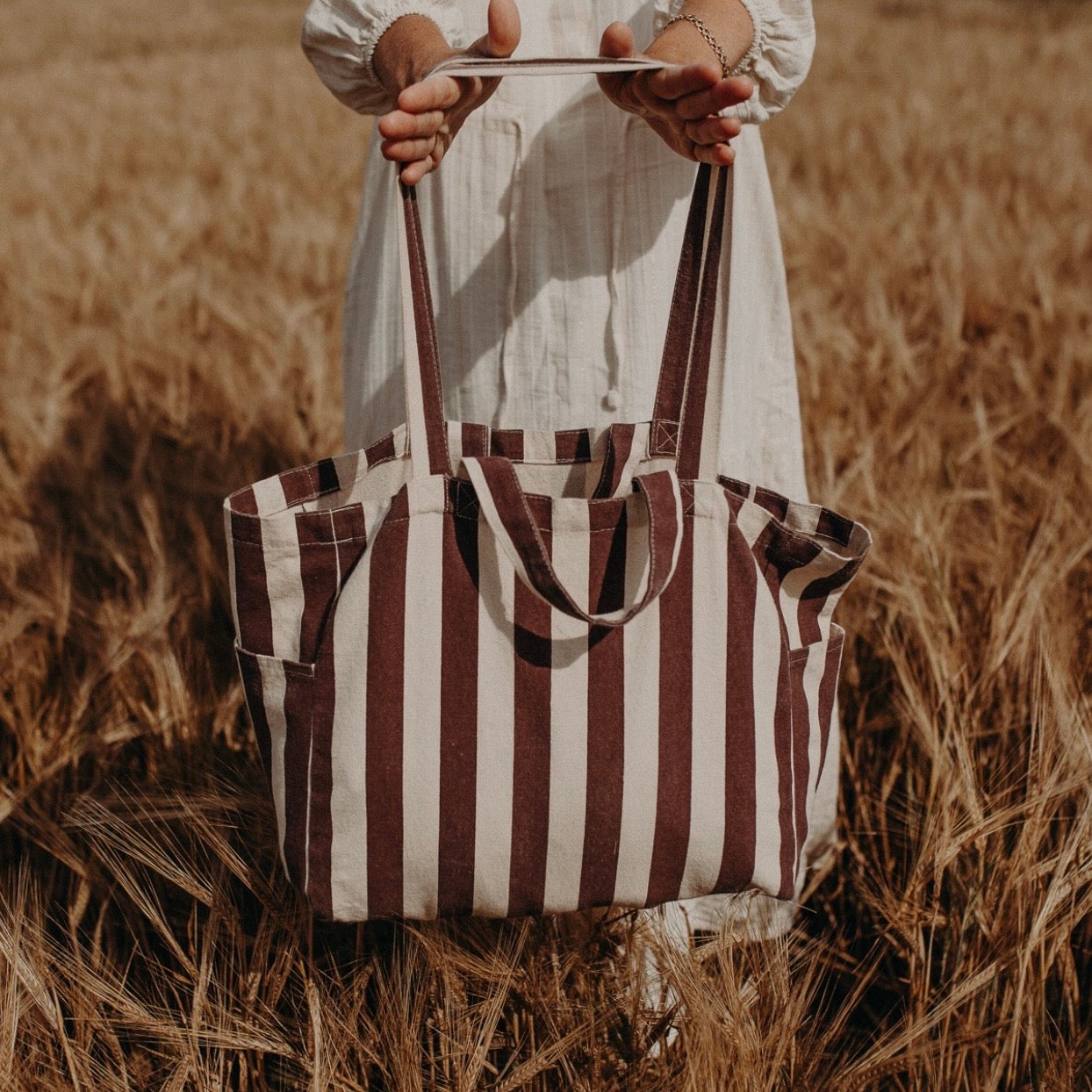 Organic Low Tote Bag | Striped Brown
