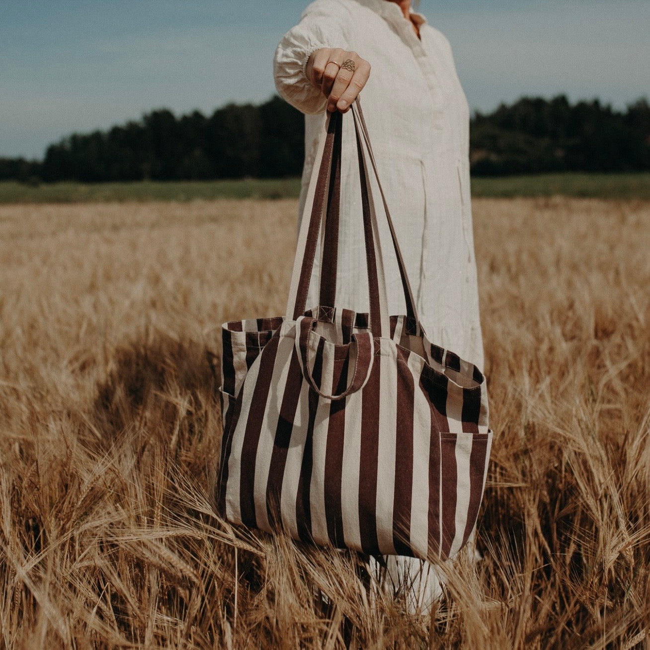 Organic Low Tote Bag | Striped Brown