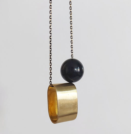 Brushed Brass Oval + Onyx | Long Necklace