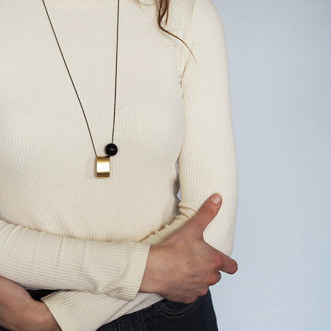 Brushed Brass Oval + Onyx | Long Necklace