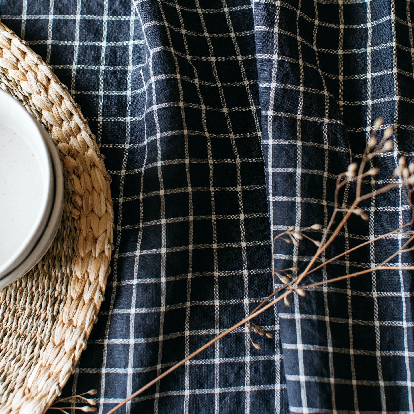 100% Linen Tablecloth | Midnight Grid