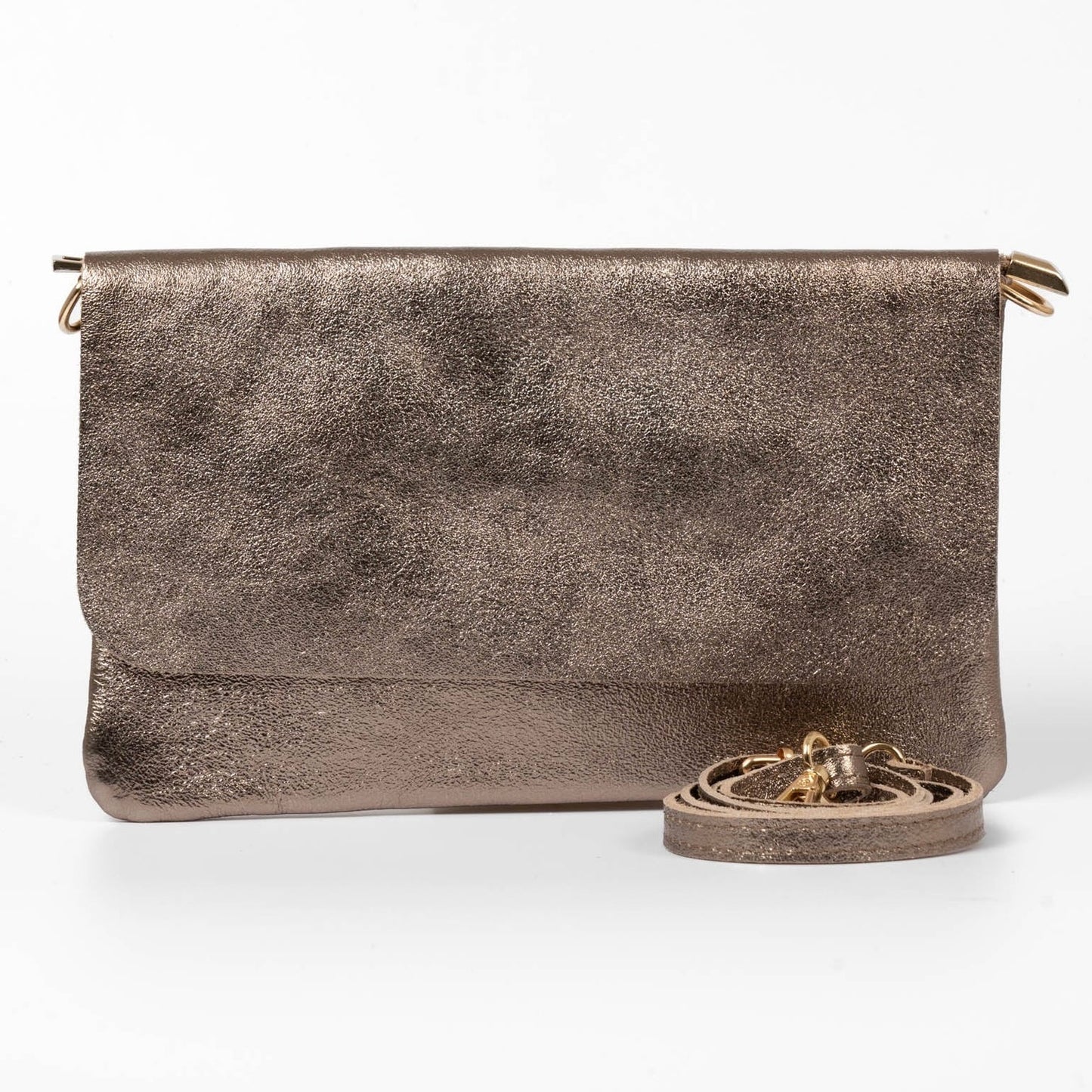 Leather Clutch Bag With Strap | Metallic Champagne